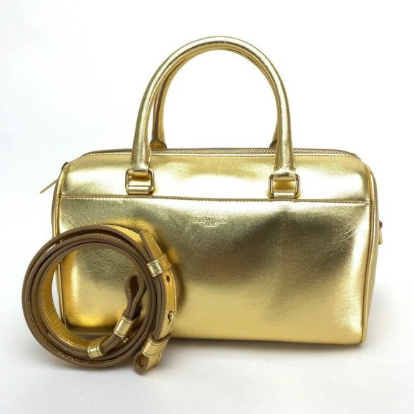 Authentic SAINT LAURENT PARIS Baby Duffle 2WAY Hand Bag Leather Gold - Picture 1 of 11